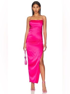SER.O.YA Womens Hot Pink Silk Satin Backless Strappy Back Slit Slip Maxi Dress M